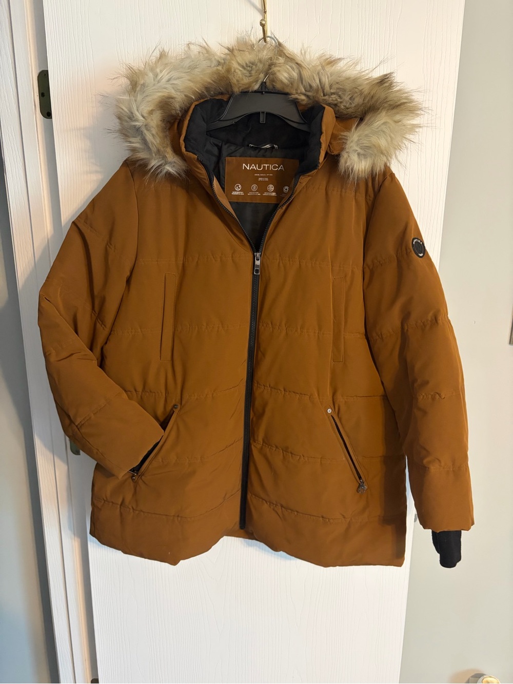 Nautica Brown and Black Insulated Puffer Jacket with Faux Fur Hood